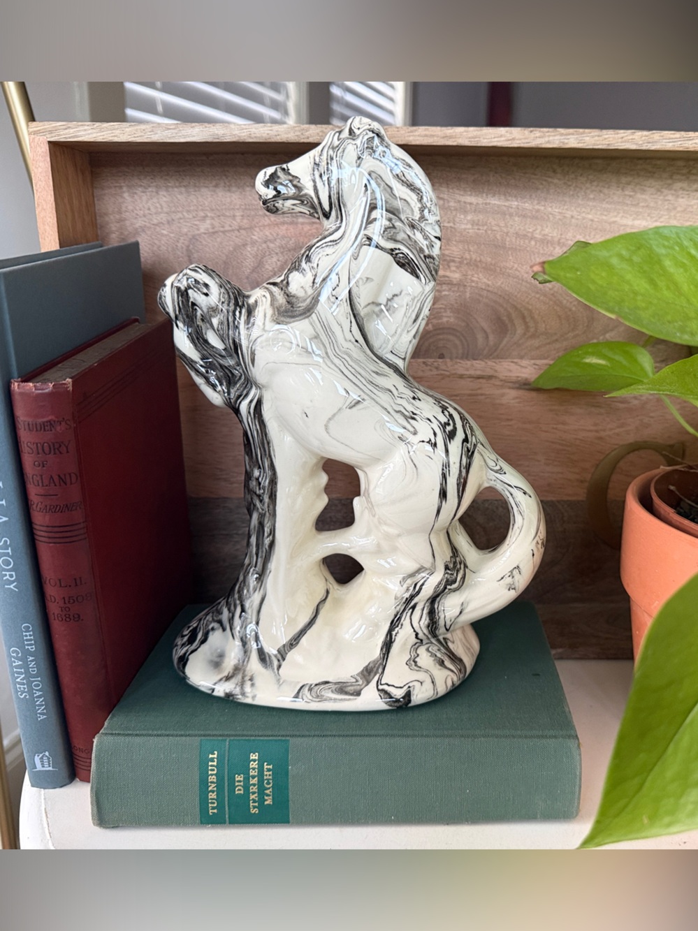 Original MCM Marbled Vintage White & Black  Rearing Horse Sculpture-Home Accents